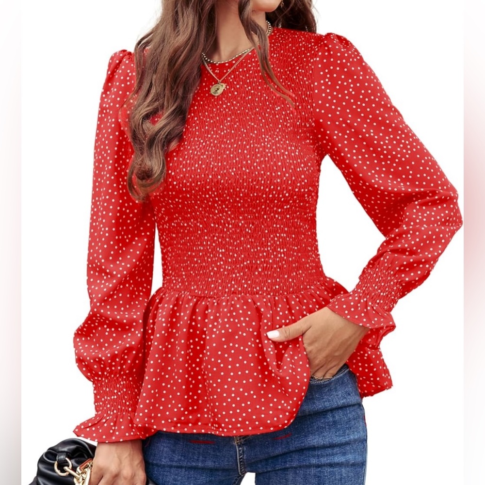 Women's Long Sleeve Crewneck Red dot Print Ruffle Hem Babydoll Blouse
